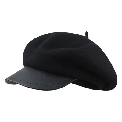 Women Woolen Octagonal Hat Black Beret with PU Brim