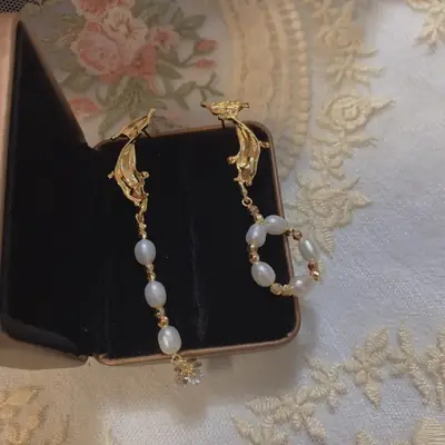 Asymmetric Pearl Earrings Gold Plated Sea Wave Design