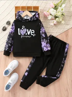 Girls Long Sleeve Sweater Set Black Purple Heart Design