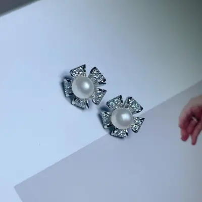 S925 Silver Pearl Flower Earrings 6-7mm Zircon