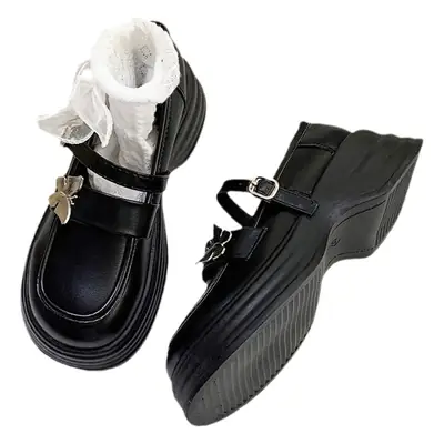 Mary Jane Butterfly Shoes Black White Thick Heel Women