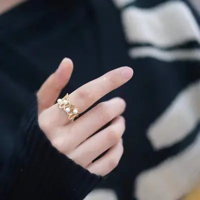 Gold Pearl Curved Ring for Women Adjustable