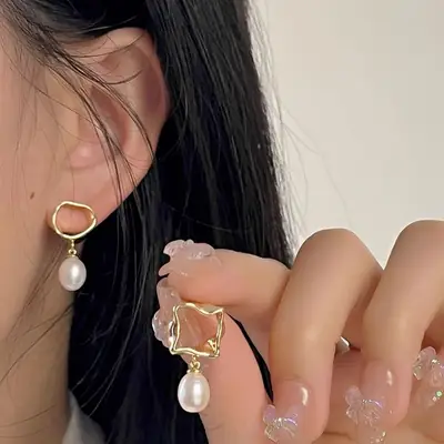 Fangyuan Asymmetric Pearl Silver Pin Earrings All Match Korean Style