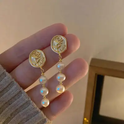 New Gold Embossed Rose Freshwater Pearl Earrings 925 Silver
