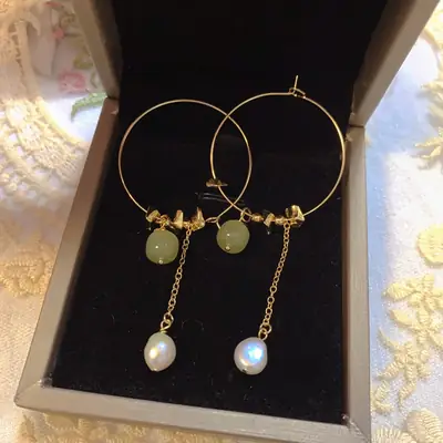 Natural Hetian Jade Pearl Earrings Gold Plated