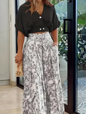 2-piece printed wide-leg pants suit with button cardigan