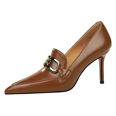 Brown Leather Pointed Toe Heel Women's Shoes
