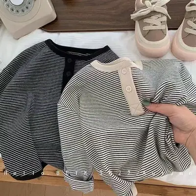 Children's Long Sleeve Thermal Base Layer Shirt Black Striped