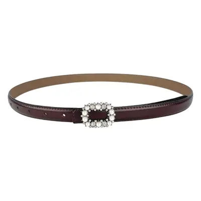 Thin Genuine Leather Belt with Pearl Rhinestone Decor