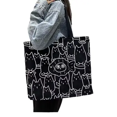 Black Printed Shoulder Bag Large Capacity Travel Tote