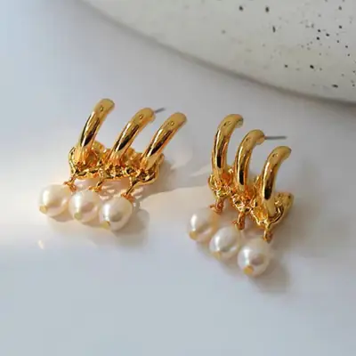 Gold Pearl Tricyclic Earrings for Women