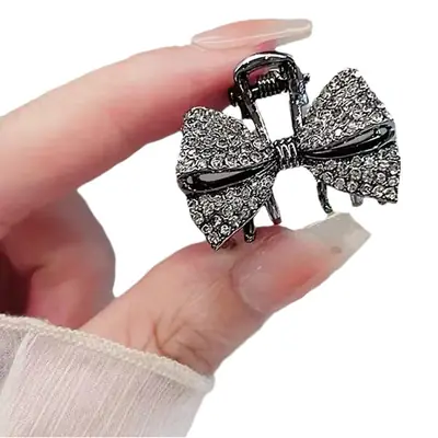 Black Rhinestone Shark Clip Bow Hairpin