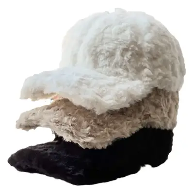 Women's White Faux Fur Beanie Cap Winter Warm