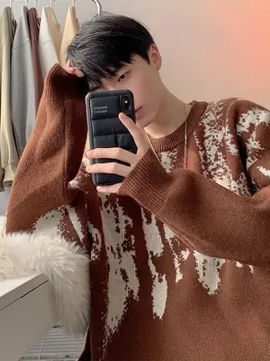 Men Vintage American Sweater Winter Knit Loose