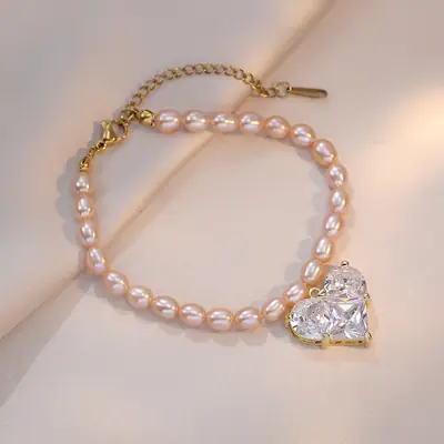Freshwater Pearl Bracelet for Women with Heart Pendant