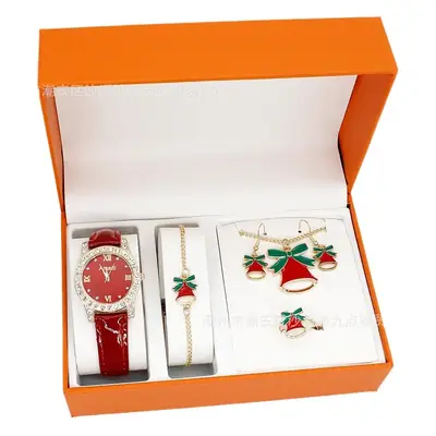 Women's Red Watch Set with Earrings & Ring for Christmas Gift