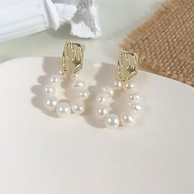 Vintage Pearl Circle Earrings for Women Silver