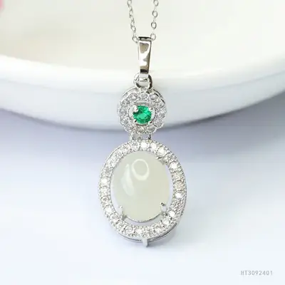 White Jade Necklace with Green Gemstone Pendant for Women