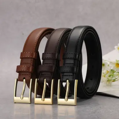 Women's Brown Leather Belt with Gold Buckle