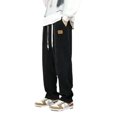 Men Black Fleece Sweatpants Winter Warm Loose Fit