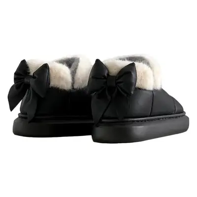 Women's Fleece Bow Knot Slippers Black Winter