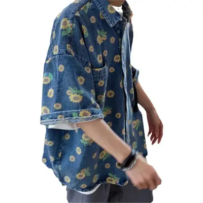 Vintage Denim Shirt Men Summer Daisy Print Washed