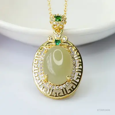 Guan Yu Jade Pendant Necklace Green Emerald Gold Plated