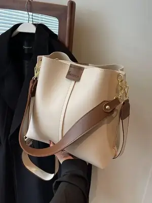 Women's Large Capacity Shoulder Bag Cream Brown Gold