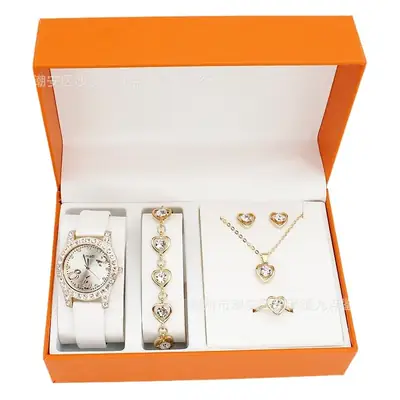 Women's Diamond-Embedded Bracelet Watch Set with Necklace