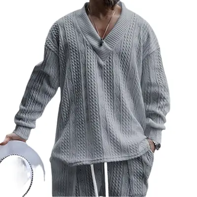 Men's White Jacquard V-Neck Long Sleeve T-Shirt