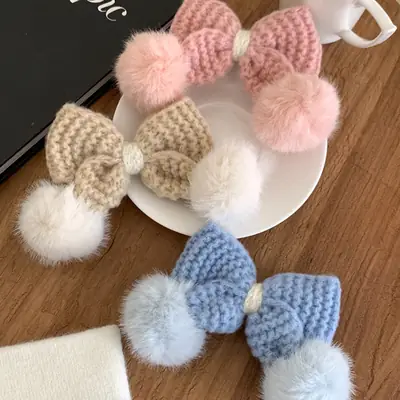 Pink Wool Bow Hairpin with Pom Pom and Clip