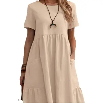2026 Summer European and American Cross-Border Temu Independent Site Vintage Loose Pocket Solid Color Round Neck Women's Cotton and Linen Dress