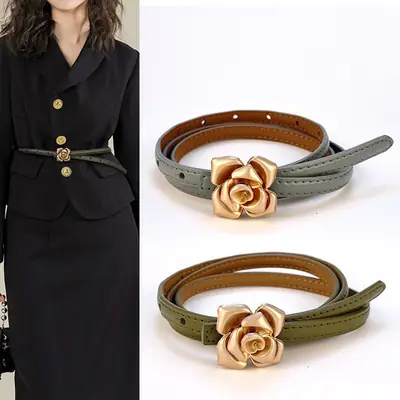 Women's Flower Cowhide Belt with Swoosh Closure