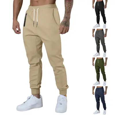 Men Drawstring Casual Trousers Navy Blue Breathable