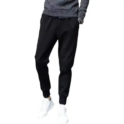 Men's Black Fleece Zipper Pants Spring Autumn Stretch Slim Fit