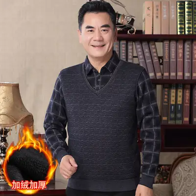 Men Fleece Lined V-Neck Sweater Black Winter Warm