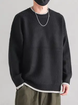Men Black Ruffled Crewneck Sweater Winter Wear