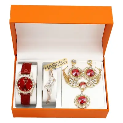 Women's Red Crystal Watch Gift Set