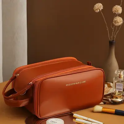 Women's Double Zip Makeup Bag Brown Large Capacity Travel