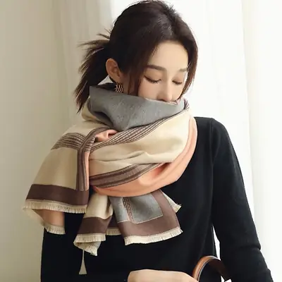 Women's Jacquard Shawl Beige Brown Cream Winter Warmth