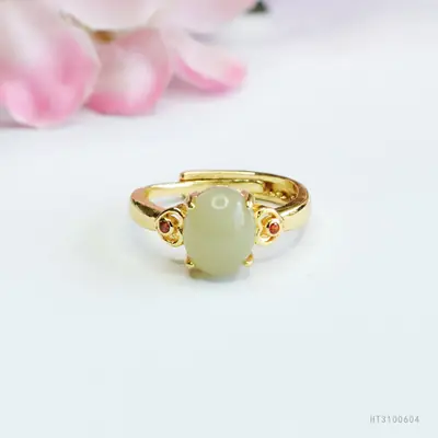 Guan Yu Jade Ring Adjustable Gold Green Stone