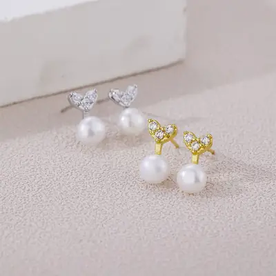 Diamond Encrusted Heart Pearl Earrings for Women