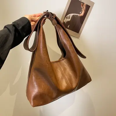 Brown Leather Retro Shoulder Tote Bag for Women