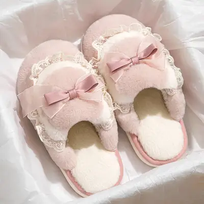 Thick-Soled Cotton Slippers for Home Use, Winter 2026 New Model, Non-Slip, with Bow, Plush, Warm, Indoor Home Wear, Winter