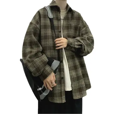 Men Plaid Long Sleeve Coat Spring Autumn Puffy Handsome