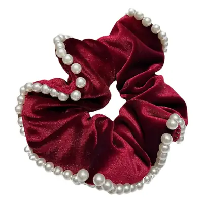 Red Velvet Pearl Hair Scrunchie with Pearl Beads