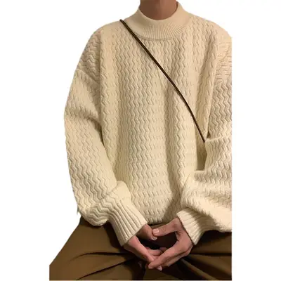 Men's Dark Coffee Wave Pattern Mid Collar Sweater