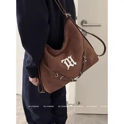 Women's Brown Leather Shoulder Tote Bag with Embroidered Logo