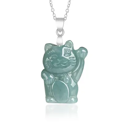 Natural Jade Blue Lucky Cat Pendant S925 Silver