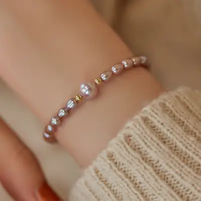 14K Gold Pearl Bracelet for Women Elegant Gentle Purple Freshwater Pearl